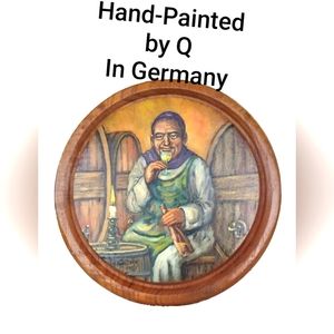 HAND CARVED Having Wine WOOD 3D WALL PLAQUE  10" BY Q-GERMANY STORY ON BACK 1984